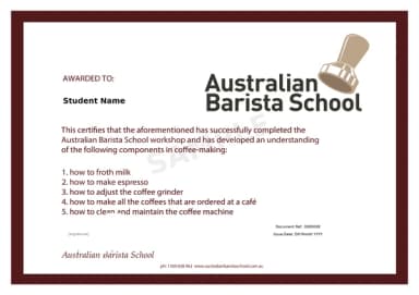 Australian Barista School 結業證書範例(已遮蔽個資)