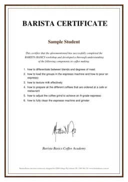 Sample Barista Basics certificate of completion
