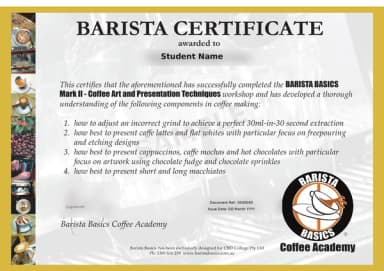 Sample Barista Basics Coffee Art certificate (redacted)