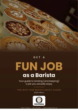 Cover of the free ebook Get a Fun Job as a Barista, included with the 5-hour course