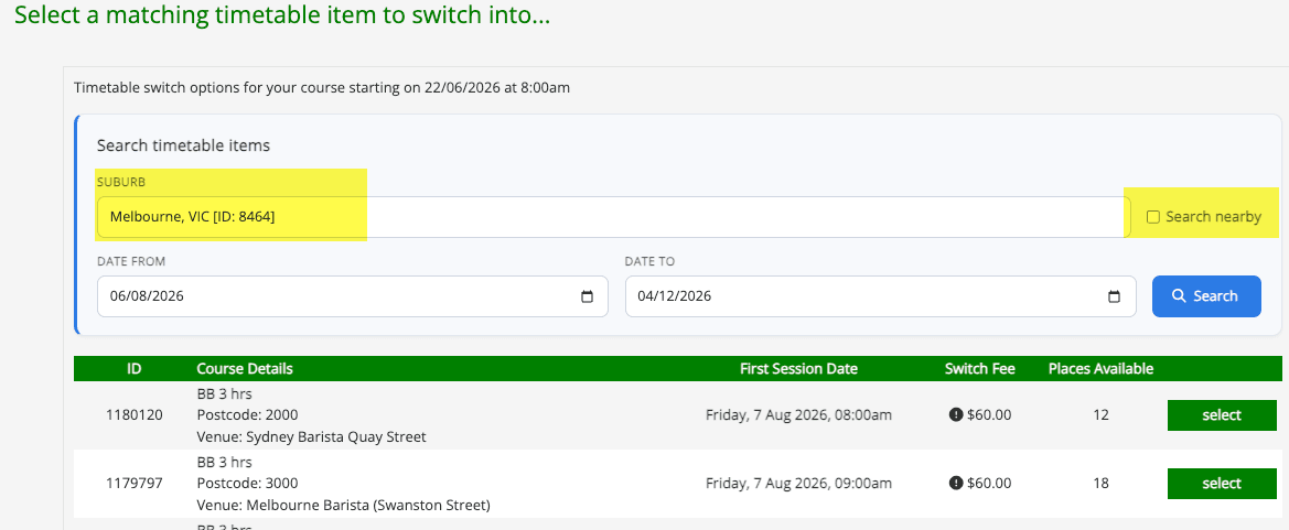 Filter by suburb and date — screenshot