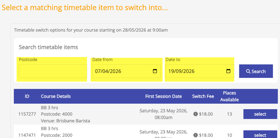 Filter by postcode and date — screenshot
