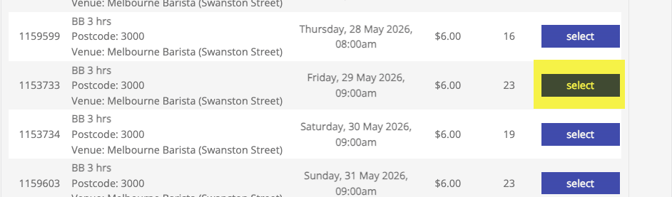 Select your new class date — screenshot