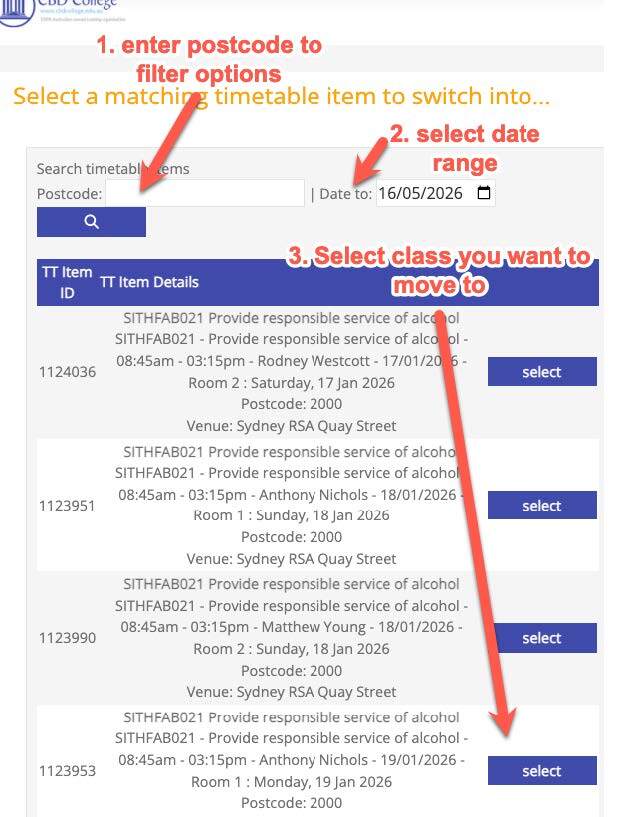 Step 3 — Filter using postcode, select date range and choose class